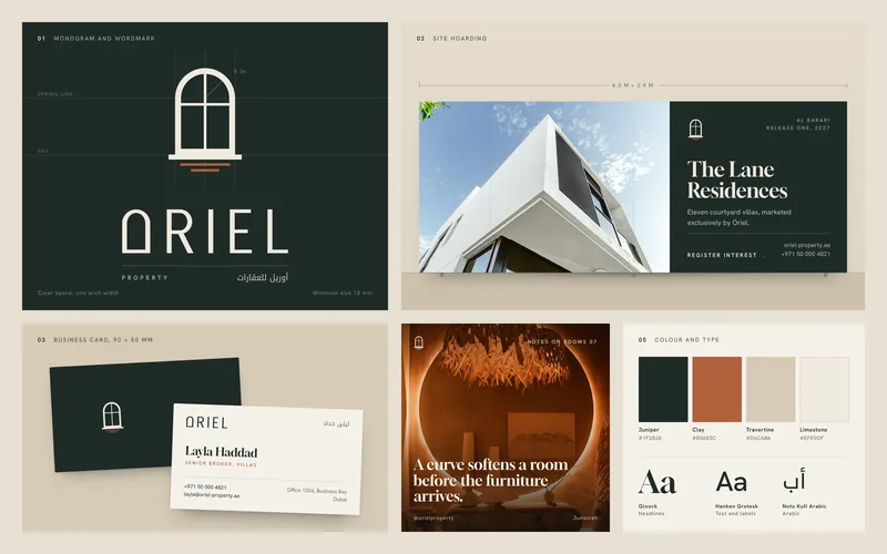 The Oriel Property brand board, after