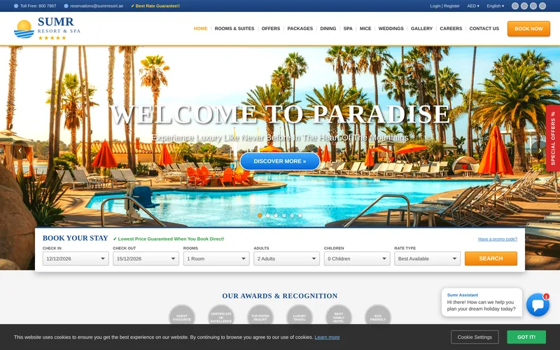 The Sumr resort website before: a chain hotel template with a pool carousel and a large booking widget