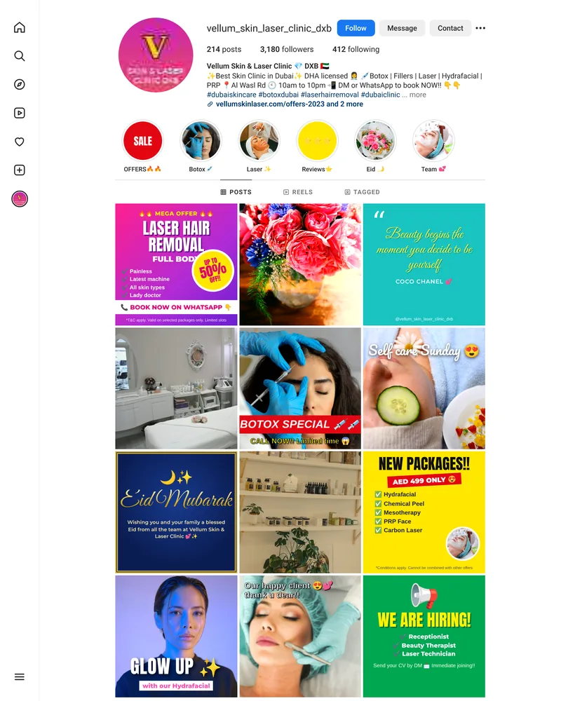 The Vellum Skin Clinic Instagram profile, before